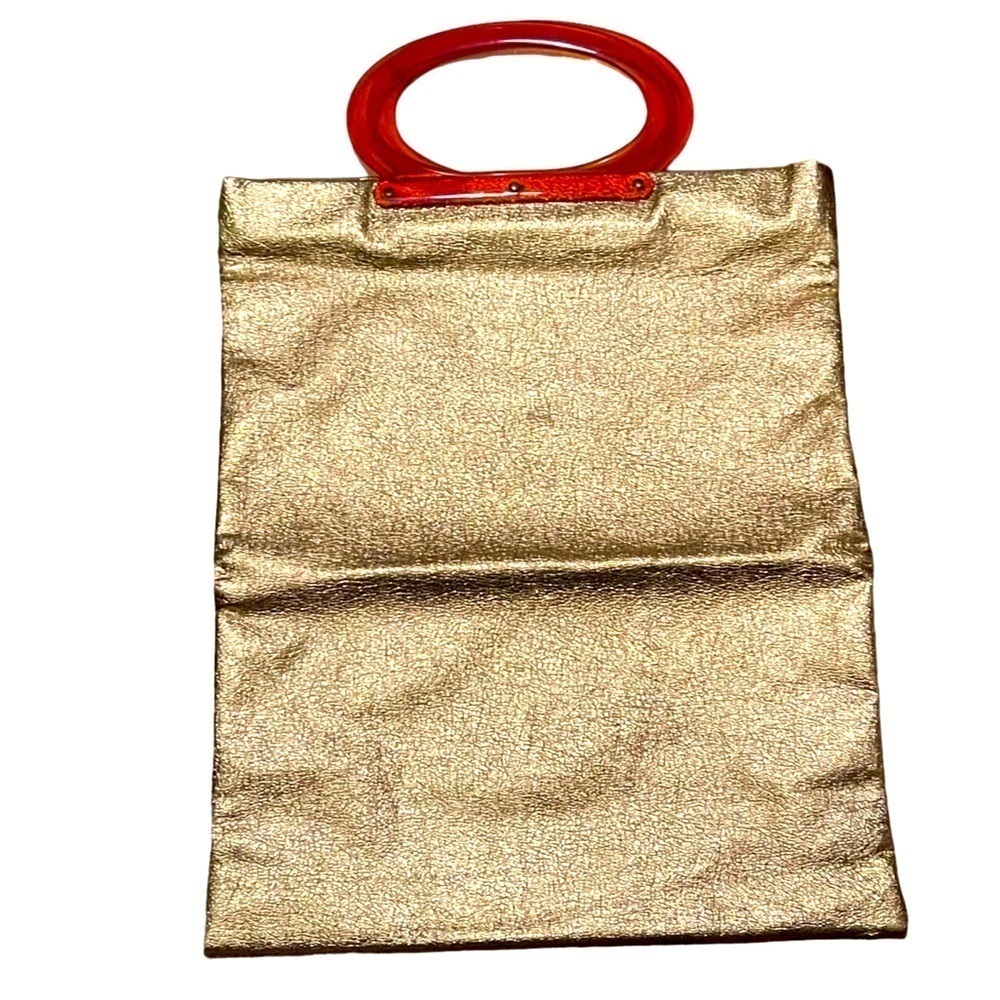 Vintage 60s Large Gold Metallic Tote Bag Clutch Purse With Orange Lucite Handles - Picture 2 of 10